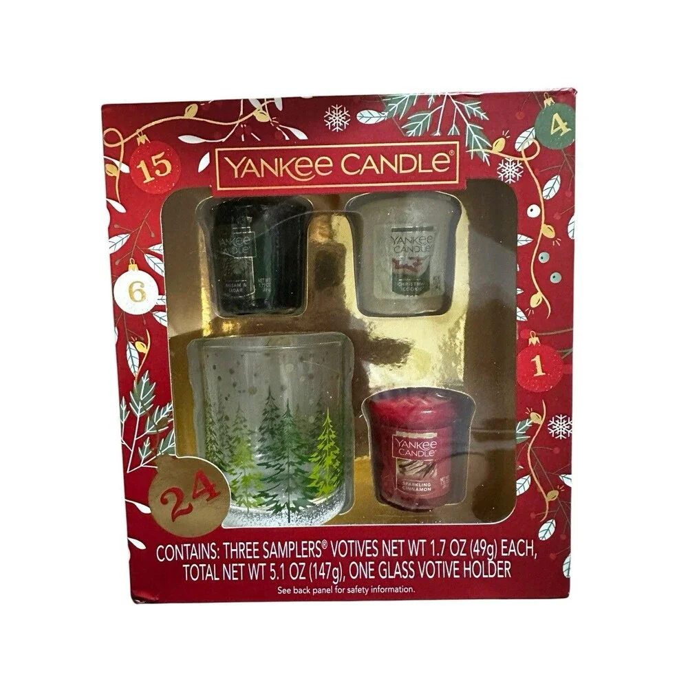 Yankee Candle Holiday Sampler Glass Votive Holder  Balsam, Cookies, Cinnamon NIB